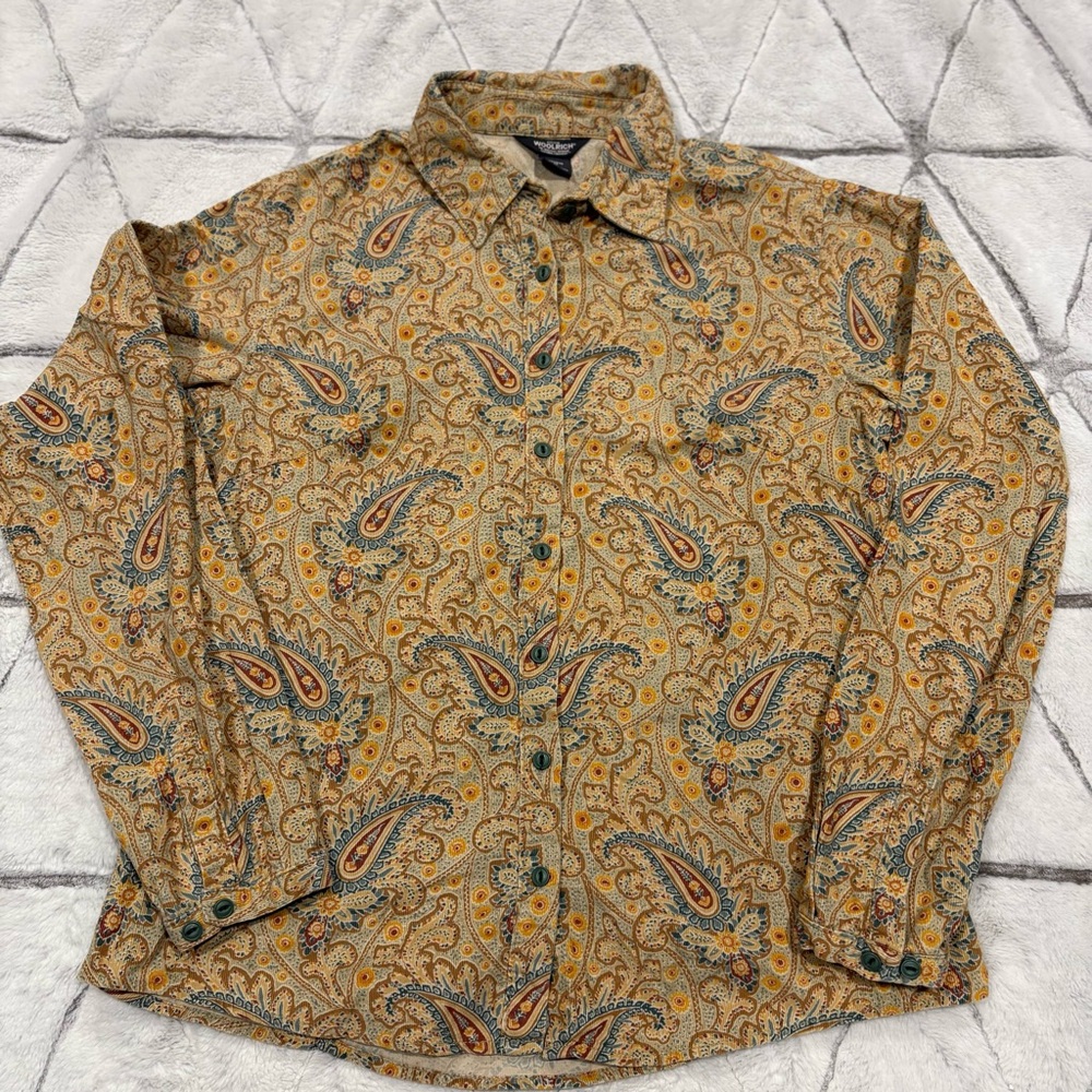 Woolrich Women Med Aqua Multi Paisley Cotton Corduroy Long Sleeve Button Shirt